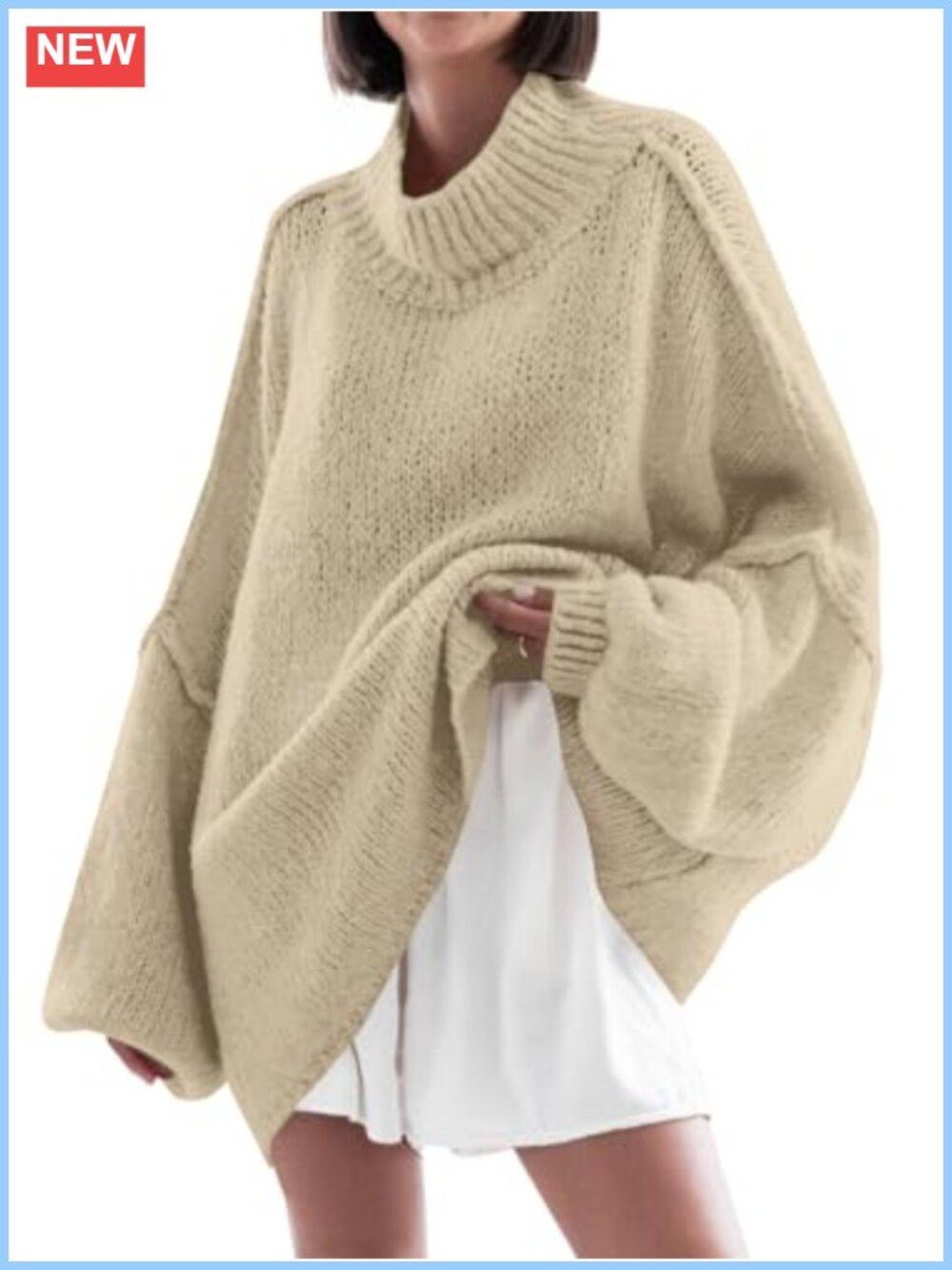 Oversized Mock Neck Sweater Women Chunky Batwing Tunic Pullover